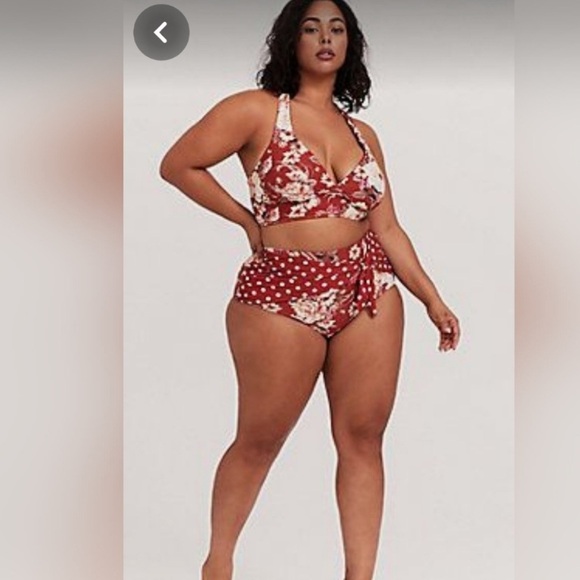 New! Torrid sz 3 Dusty Rose Floral High-Rise Tie-Front Swim Suit Top Bottom 3X - Picture 1 of 3